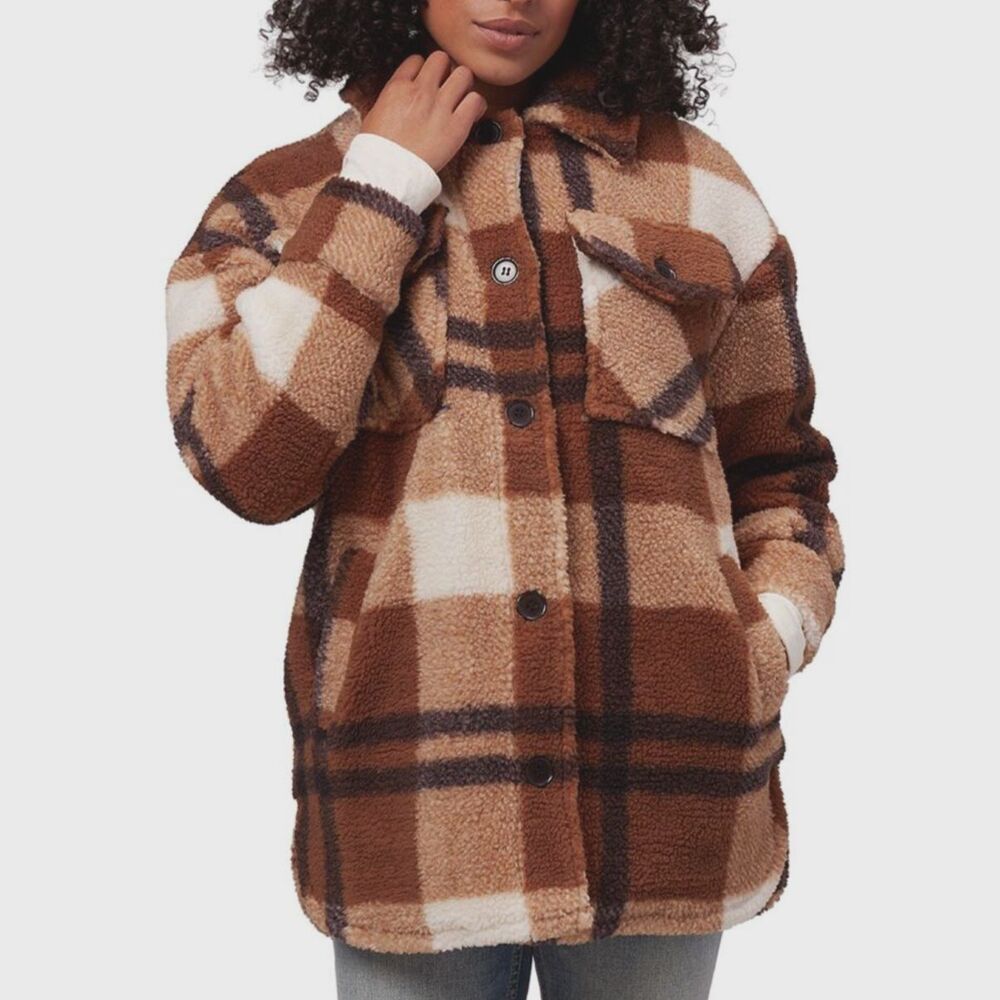 NWOT Stoic Oversized Plaid Sherpa Fleece Shirt Jacket, Brown, Sz S